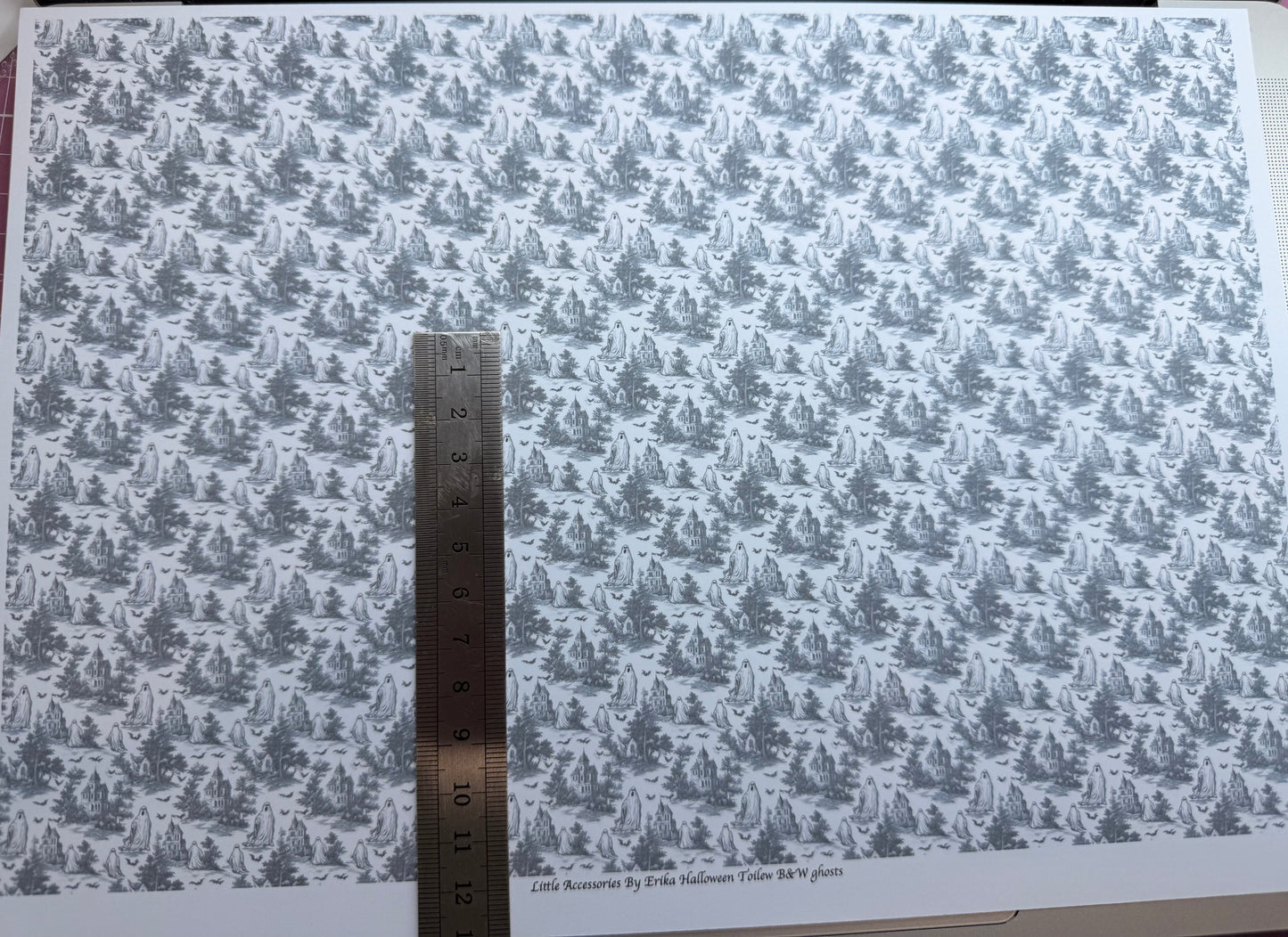 FABRIC Halloween toile b&w ghosts 1/48th scale