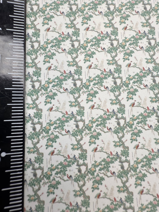 FABRIC  chinese cream & green with birds