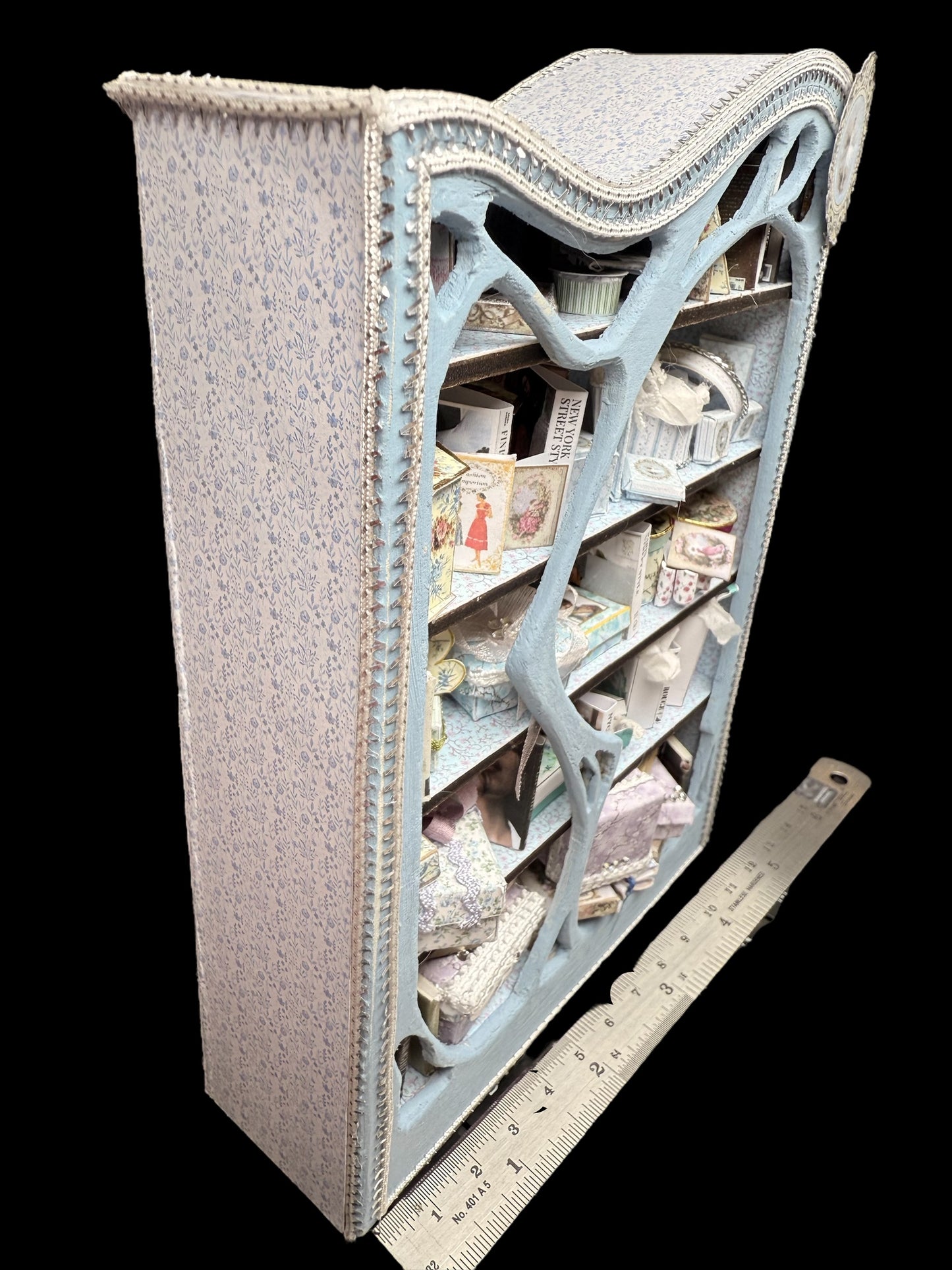 Bookcase/showcase with fashion items included. 1/12th scale OOAK
